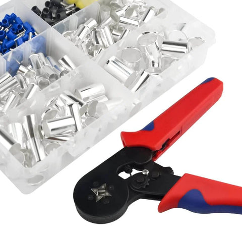 All In One Wire Ferrule Kit With Crimp Terminals And Self Adjustable Ratchet Tool, 440 pcs, showing ferrules and tool.