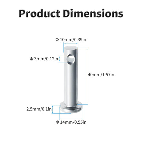 4 Pack Flat Head Clevis Pins M10 X 40mm Galvanized Steel, Heavy Duty Fasteners For Machinery Repair, Furniture Assembly, And General DIY Projects For Any Project, dimensions shown