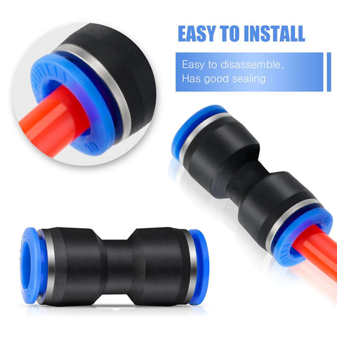 Konohan air hose push-to-connect fittings; black plastic body with blue rings for 4–12 mm tubes.