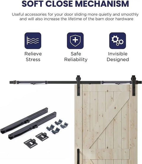 Top Shelf Sliding Barn Door Soft Close Mechanism With Premium Spring Buffer Damper Zero Hassle Setup Smooth Glide Rail Kit for easy installation.