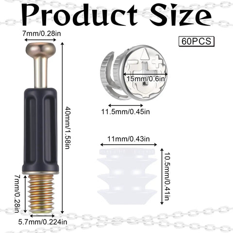 Diagram showcasing sizes of Durable Furniture Cam Lock Set With 20 Cam Nuts And 20 Cam Screws And 20 Plastic Expansion Nuts M6 X 40MM 3 In 1 Eccentric Hardware Kit For Quick, Strong DIY Assembly And Easy Repairs.