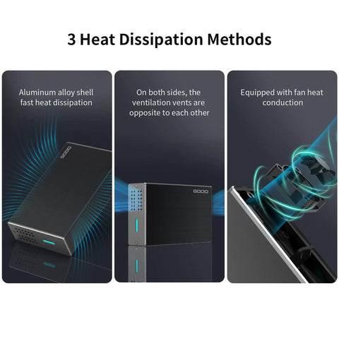 Rock Solid 2.5 Inch Dual Bay Hard Drive Enclosure USB 3.0 SATA displaying heat dissipation methods and aluminum shell design.