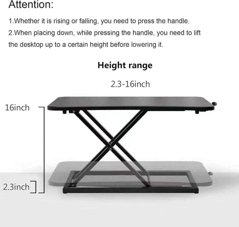 Height Adjustable Standing Desk Converter With 23.6 Inch Work Surface showing height range from 2.3 to 16 inches in black finish.