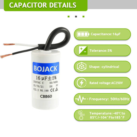 16uF 250V AC CBB60 Motor Run Capacitor 2 Wire For AC Motors Blower Air Conditioner Refrigerator Air Compressor Replacement Part
