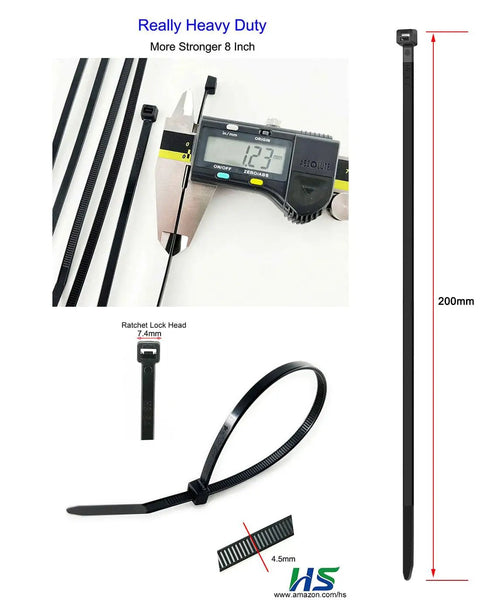 Heavy Duty 8 Inch Zip Ties 3/16 Inch UV Black Self Locking Cable Ties Bulk Pack 500 Count measurement and close-up details