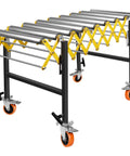 Boss Level Heavy Duty Portable Rolling Conveyor Table 660 Lb Load Capacity Expandable Roller Hauler With Smooth Casters No Sweat Material Moving Work Surface Station with yellow frame and rolling wheels.