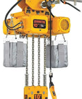 Heavy Duty Electric Chain Hoist With Travel Trolley 20000 Pounds Lifting Capacity 20 Foot Lift Height Three Phase Four Point Seven Horsepower Motor mounted with trolleys and weights.