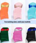 Assorted colors of chair sashes featuring Royal Blue Spandex Chair Sashes Set Of 30 With Buckle Slider Universal Elastic Bands For Wedding Banquets And Party Decor, Premium Stretch Bows For Chairs, Elegant Reception Seating Decoration, displayed on chairs.