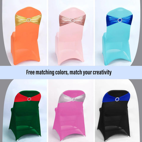 Assorted colors of chair sashes featuring Royal Blue Spandex Chair Sashes Set Of 30 With Buckle Slider Universal Elastic Bands For Wedding Banquets And Party Decor, Premium Stretch Bows For Chairs, Elegant Reception Seating Decoration, displayed on chairs.