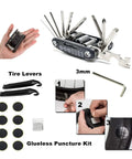 Grab-and-Go Bike Repair Kit With Blue Mini Tire Pump and 11-In-1 Tool, showing multi-tool, tire levers, and patch kit.