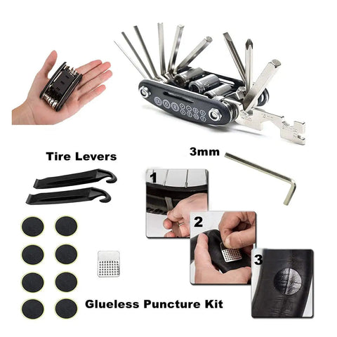 Grab-and-Go Bike Repair Kit With Blue Mini Tire Pump and 11-In-1 Tool, showing multi-tool, tire levers, and patch kit.