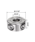 Two Piece Clamp On Shaft Collar For One Quarter Inch Shaft, Eleven Sixteenth Inch Outside Diameter, Five Sixteenth Inch Width, 304 Stainless Steel Axle Collar Clamp, Set Screw Style, Holds Tight, Durable Anti Corrosion Positioner Stop Spacer on 1/4" shaft