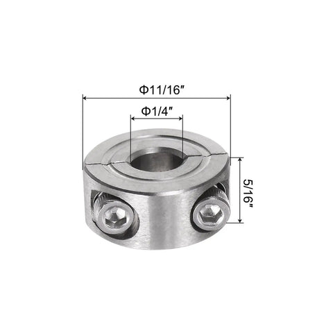 Two Piece Clamp On Shaft Collar For One Quarter Inch Shaft, Eleven Sixteenth Inch Outside Diameter, Five Sixteenth Inch Width, 304 Stainless Steel Axle Collar Clamp, Set Screw Style, Holds Tight, Durable Anti Corrosion Positioner Stop Spacer on 1/4" shaft