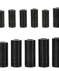 Magnetic Tap Socket Kit With 11 Pieces 1/4 And 3/8 Drive Fits 1/2 And 1/8 NPT Taps And 12mm Metric Taps displayed in rows