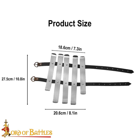 Medieval Bracers For Cosplay And Reenactments, Fully Functional Arm Guards With Splinted Steel shown with size measurements