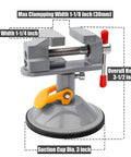 Dope Mini Drill Press Vise With Suction Cup 360 Degree Rotating Walnut Clamp Adjustable Jaw Vise for Jewelry Making and DIY Crafts Portable Aluminum Alloy Bench Clip On Tool for Small Pieces, showing dimensions and features.