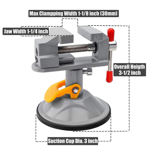 Dope Mini Drill Press Vise With Suction Cup 360 Degree Rotating Walnut Clamp Adjustable Jaw Vise for Jewelry Making and DIY Crafts Portable Aluminum Alloy Bench Clip On Tool for Small Pieces, showing dimensions and features.