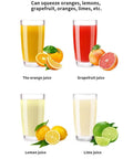 Freshly squeezed juice glasses: orange juice, grapefruit juice, lemon juice, lime juice showcasing 350W Electric Citrus Juicer.