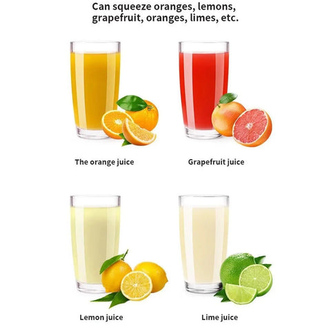Freshly squeezed juice glasses: orange juice, grapefruit juice, lemon juice, lime juice showcasing 350W Electric Citrus Juicer.