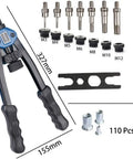 Rivet Nut Tool Kit Hand Riveter Set with 110 pcs M3 M12 Nuts and 7 Metric and Inch Mandrels, heavy duty nut setter displayed.