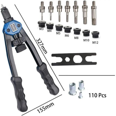 Rivet Nut Tool Kit Hand Riveter Set with 110 pcs M3 M12 Nuts and 7 Metric and Inch Mandrels, heavy duty nut setter displayed.