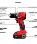 Hardcore Cordless Brushless Drill Driver Kit With One Half Inch Chuck And Hammer Capability Featuring All Day Runtime Top Shelf Performance And A Tough As Nails Design Made For Heavy Workloads And Professional Daily Use showing features and specifications.