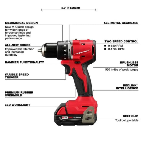 Hardcore Cordless Brushless Drill Driver Kit With One Half Inch Chuck And Hammer Capability Featuring All Day Runtime Top Shelf Performance And A Tough As Nails Design Made For Heavy Workloads And Professional Daily Use showing features and specifications.