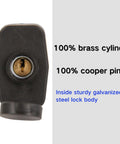 Close-up of Built-Tough Outdoor Padlock 44mm with brass cylinder and text highlighting features on right