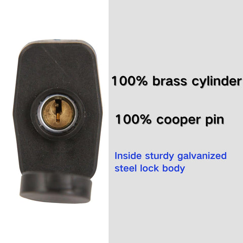 Close-up of Built-Tough Outdoor Padlock 44mm with brass cylinder and text highlighting features on right