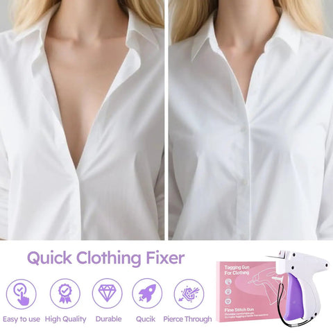 Comparison of a shirt before and after using a Handheld Tagging Gun For Clothing And Quick Stitch Gun Kit with 6 Needles 2000 Fasteners.