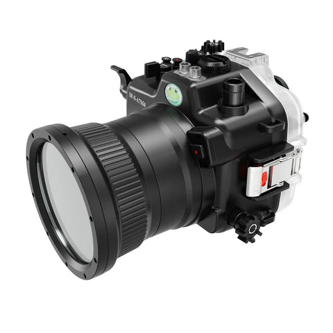 Side view of Underwater Housing For Sony A7 IV With FL16 55 Flat Port 40 Meters 130 Feet Dive Ready Waterproof Case.