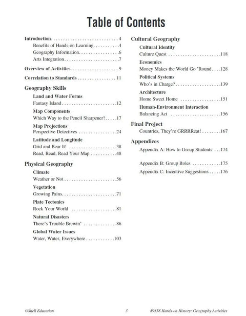 Table of contents for Geography Activities For Social Studies Classrooms, listing map skills, landforms, and geography topics.