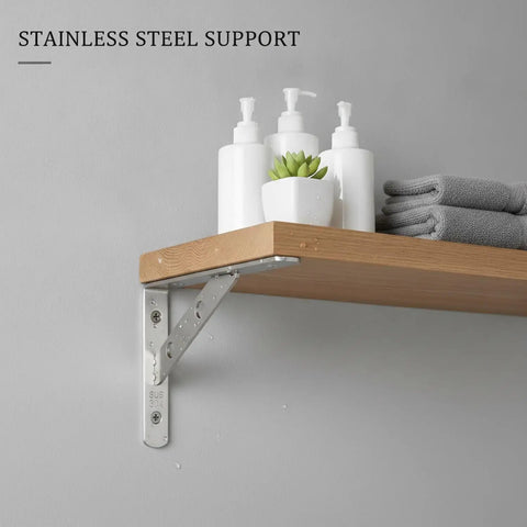 Heavy Duty Wall Mount Shelf Bracket Stainless Steel L Bracket supporting wooden shelf with towels and plants