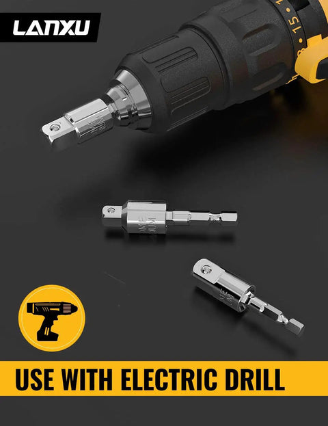 3-Piece Power Drill Socket Adapter Set With 360 Rotatable Hex Shank For Impact Drivers Reaches Tight Corners Fits One Quarter Three Eighths And One Half Inch Bits Durable Alloy Build For Heavy Duty Use
