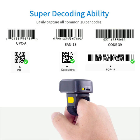 Ring Style 2D Barcode Scanner For All Day Wear Hands Free Portable Bluetooth Ring Reader scanning various barcodes
