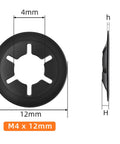 Front view of black steel M4 x 12mm internal-tooth star lock washer with push-on locking design