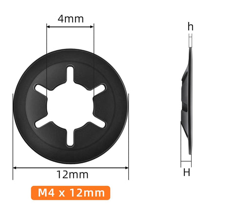 Front view of black steel M4 x 12mm internal-tooth star lock washer with push-on locking design