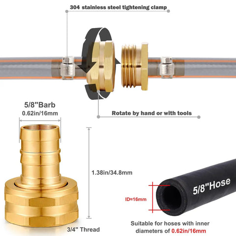 Solid Brass Garden Hose Repair Kit With Stainless Steel Clamps, Male Adapter, Female Swivel Fitting, 5/8 Barb X 3/4 Female, Includes Rubber Gasket And PTFE Seal Tape, Two Sets; 5/8" hose repair parts