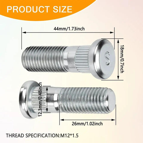 Straight Up Heavy Duty 5 Pack Car Wheel Studs And Steel Lug Bolts 44 Mm Long showing size and thread specification details.