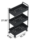 Three Tier Rolling Storage Cart With Adjustable Shelves, Mobile Utility Organizer On Wheels For Kitchen, Bath, And Laundry, Narrow Space Saver In Black Finish, dimensions labeled