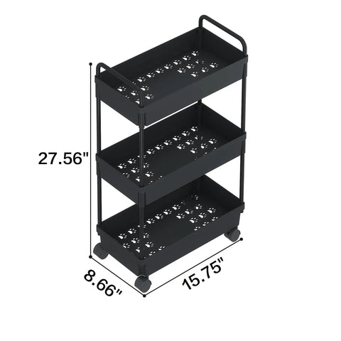 Three Tier Rolling Storage Cart With Adjustable Shelves, Mobile Utility Organizer On Wheels For Kitchen, Bath, And Laundry, Narrow Space Saver In Black Finish, dimensions labeled