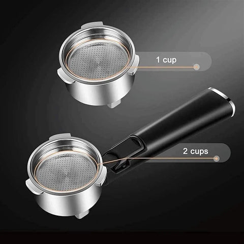 Portafilter showing 1 and 2 cup options for 20 Bar Espresso Machine With Milk Frother Wand And 1.5L Removable Water Tank At Home.