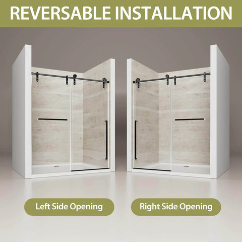 Barn-Style Sliding Shower Door With Exposed Rollers, 8mm Clear Tempered Glass, Matte Black Stainless Steel Hardware, Reversible Installation