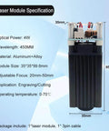 Laser engraver module, 4W 450nm, aluminum alloy body, 35x35x99.6mm, adjustable focus.