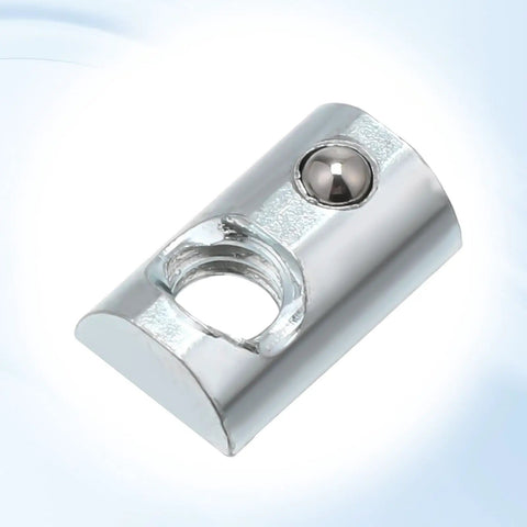 Close-up of a 20 Pack 1/4-20 T Slot Nuts With Ball Spring Roll In Steel for sliding in 10 Series Aluminum Extrusion Profiles, silver finish.