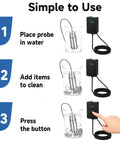 Portable Handheld Ultrasonic Cleaner, Smooth 40KHz Deep Clean For Rings Glasses And Fresh Produce, 120W Smart Digital Timer showing usage steps.