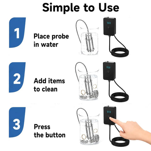 Portable Handheld Ultrasonic Cleaner, Smooth 40KHz Deep Clean For Rings Glasses And Fresh Produce, 120W Smart Digital Timer showing usage steps.