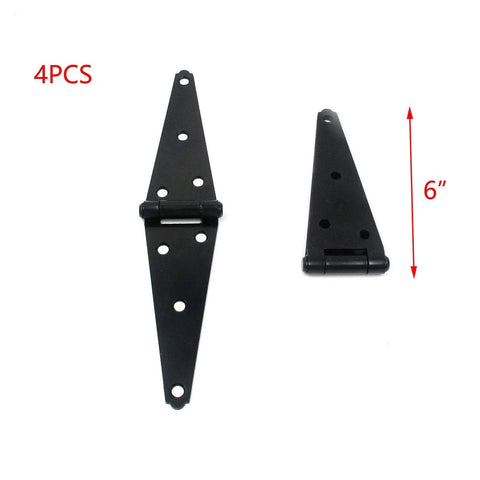 Premium Black Powder Coated Iron Strap Gate Hinges For Fences And Sheds, 6 Inch Heavy Duty Folding Hinge Kit shown in 4 pieces.