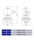 Technical drawing of Electric Solenoid Valve Copper Normally Closed For Water Air And Gas 110V AC with dimensions labeled.