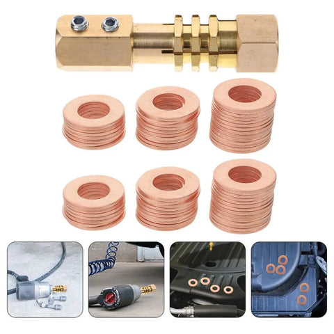 Copper Crush Sealing Washers Kit 200 Pieces Flat Ring Gaskets for Automotive Plug and Auto Body Repair visible in use